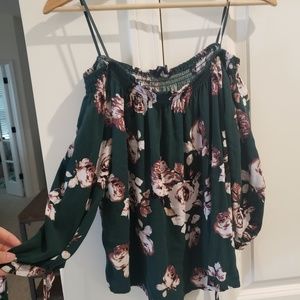 Emerald and Pink Floral Off the Shoulder Top